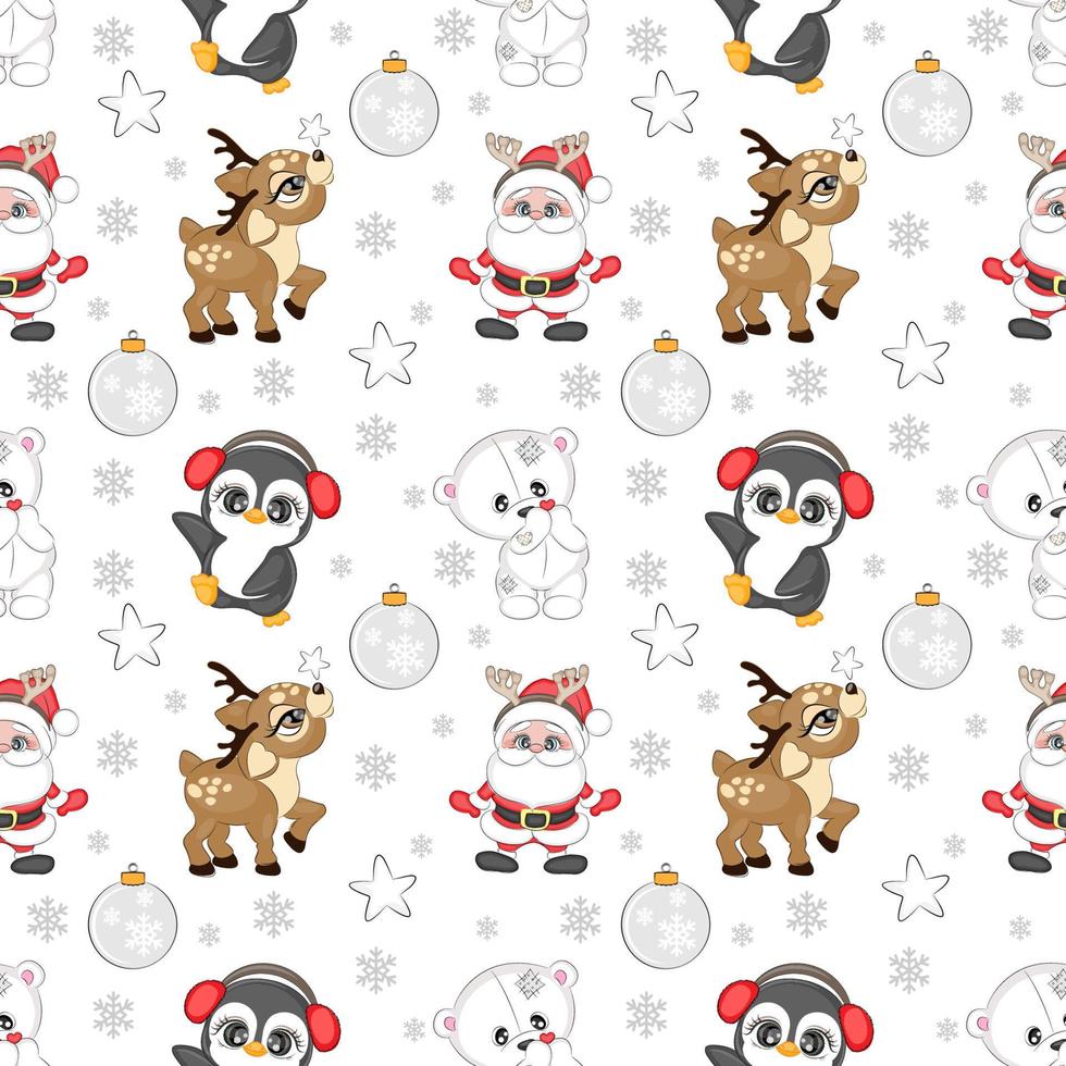 patrón sin costuras con oso de navidad blanco pingüino santa claus y renos, ilustración vectorial vector