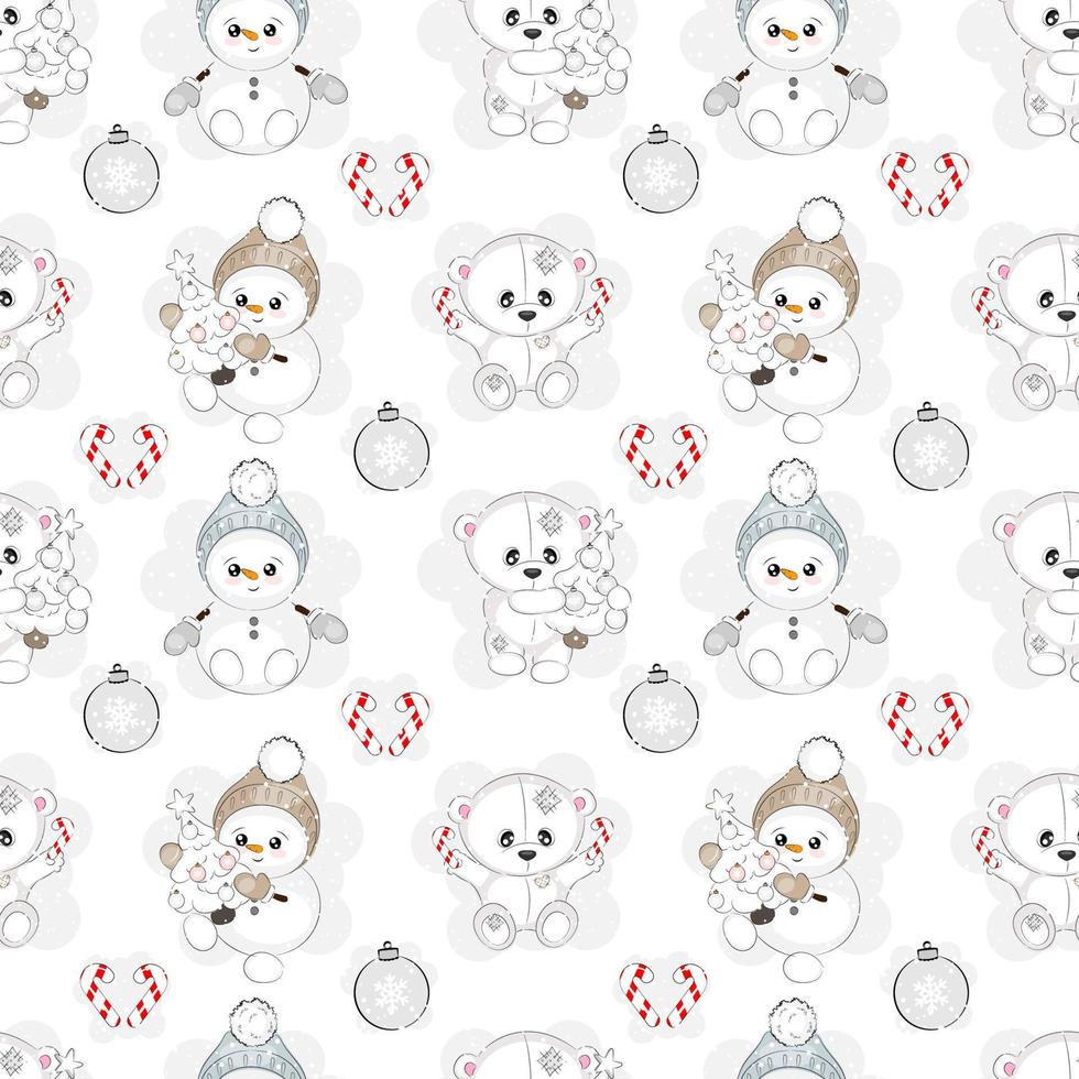 Seamless pattern with white Christmas bear and snowman, vector illustration
