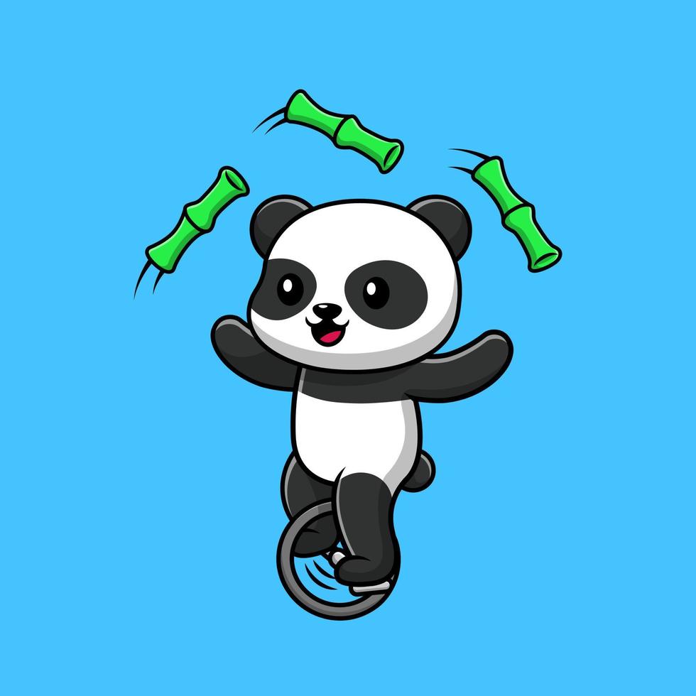 Cute Panda Circus Playing Bamboo With Unicycle Cartoon Vector Icons Illustration. Flat Cartoon Concept. Suitable for any creative project.