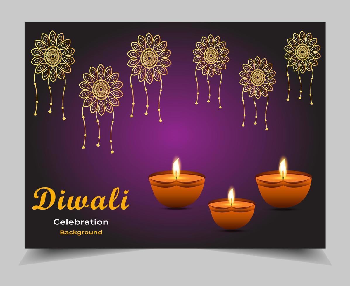 Diwali festival background design, excellent creating colorful triangles bright concept round or circle shape with lighting background and oil lamps vector