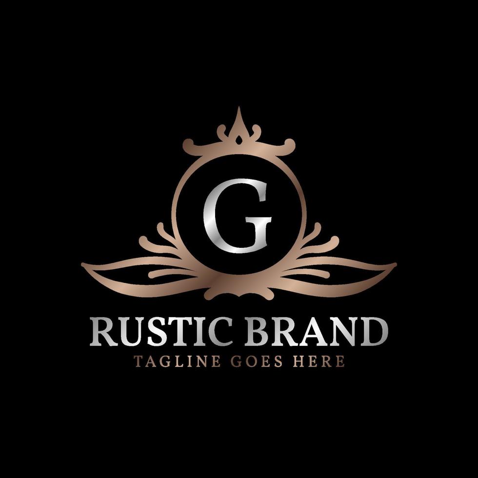 insignia con el logotipo de la cresta rústica lujosa de la letra g para el cuidado de la belleza, organizador de bodas, hotel y cabaña vector