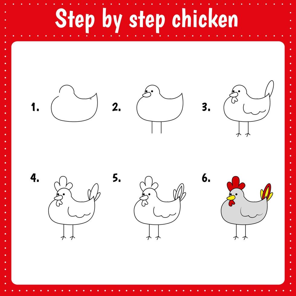 Educational worksheet for kids. Step by step drawing illustration. Chicken. Activity page for preschool education. vector