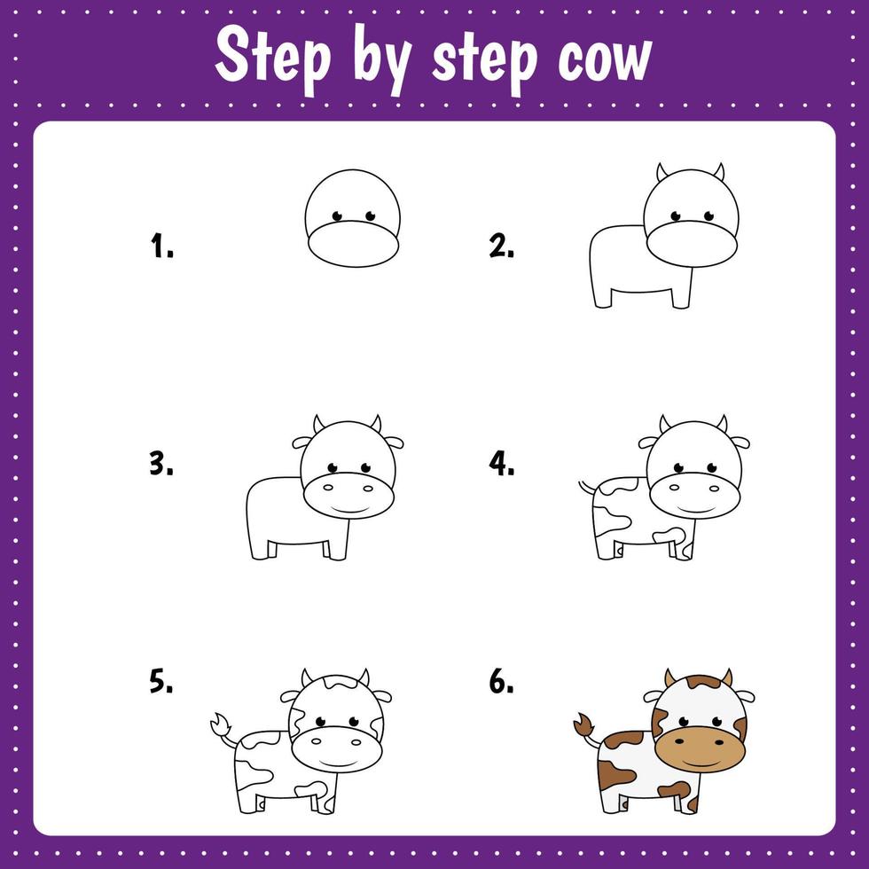 Educational worksheet for kids. Step by step drawing illustration. Cow. Activity page for preschool education. vector