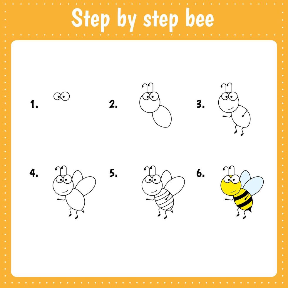 Educational worksheet for kids. Step by step drawing illustration. Bee. Insect. Activity page for preschool education. vector