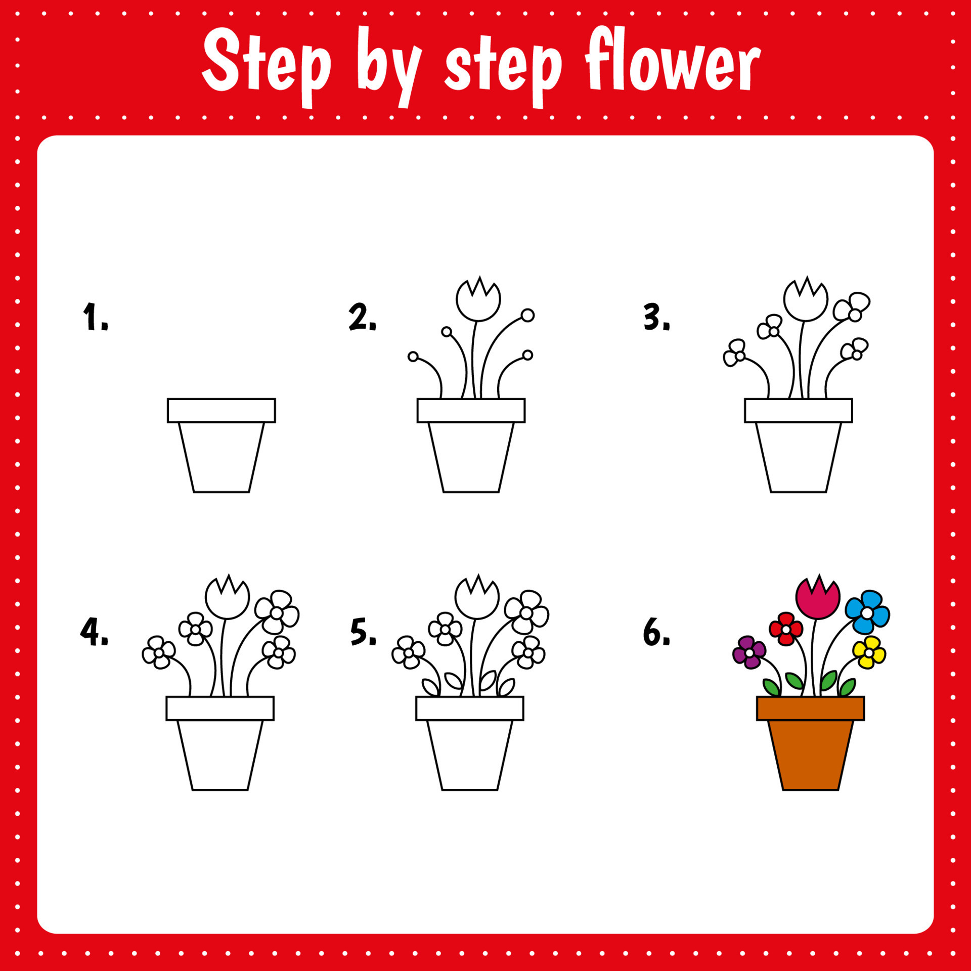 Educational worksheet for kids. Step by step drawing illustration. Flower. Activity page for