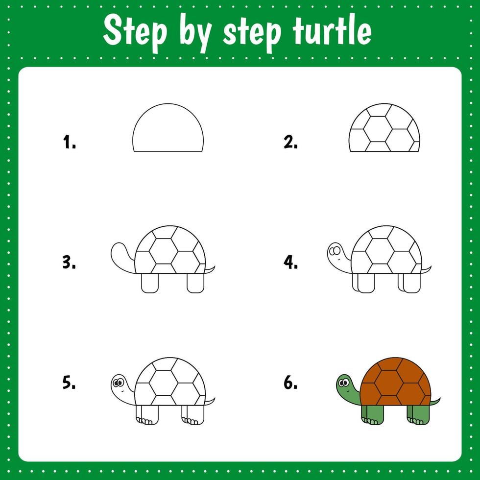 Educational worksheet for kids. Step by step drawing illustration. turtle. Activity page for preschool education. vector