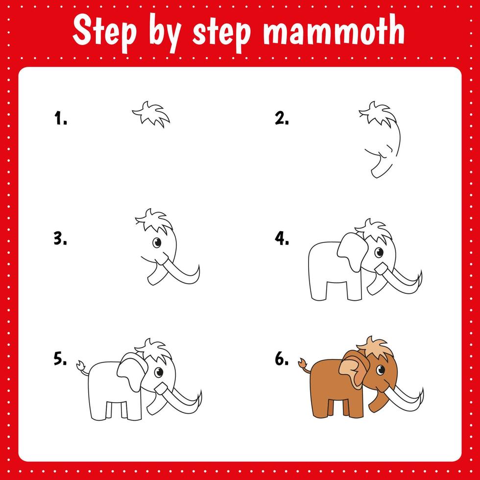 Educational worksheet for kids. Step by step drawing illustration. Mammoth. Activity page for preschool education. vector