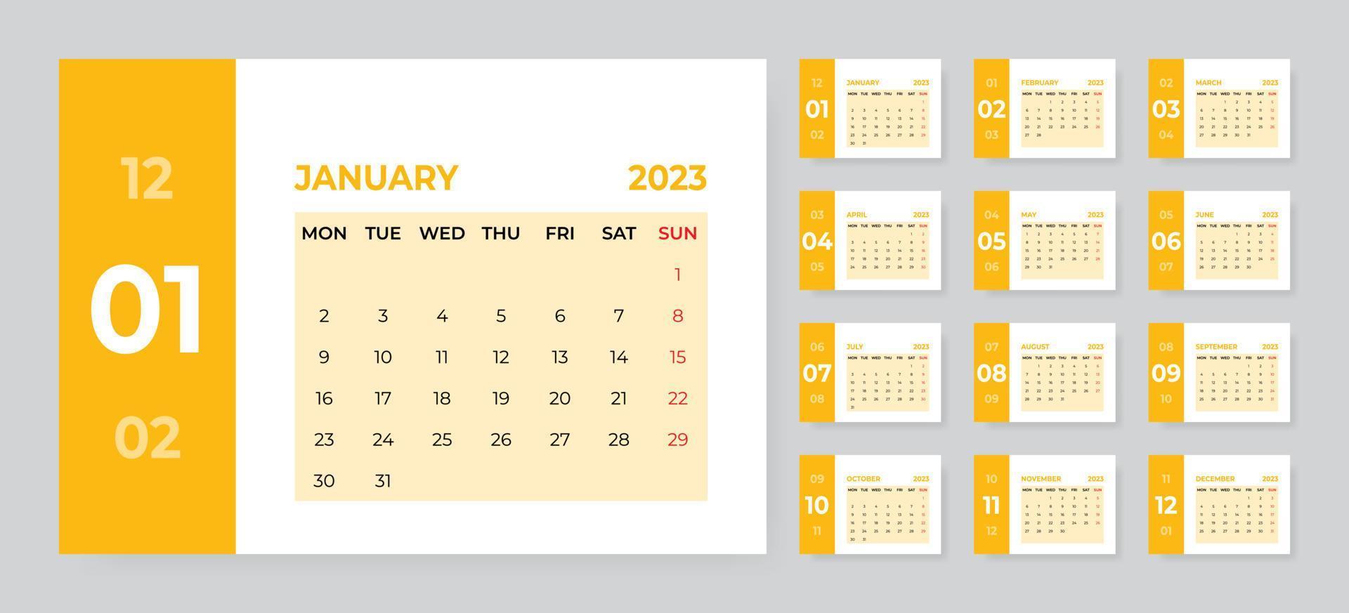 plantilla de calendario de escritorio mensual para el año 2023. la semana comienza el lunes vector