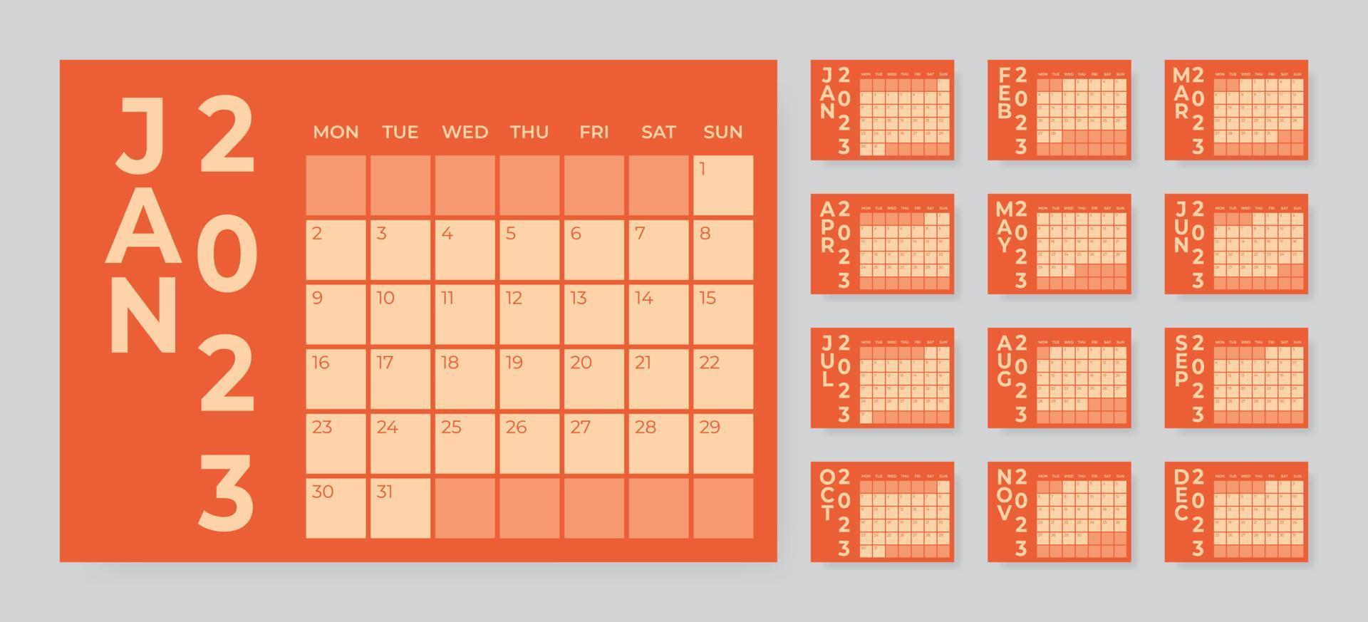 plantilla de calendario de escritorio mensual para el año 2023. la semana comienza el lunes vector