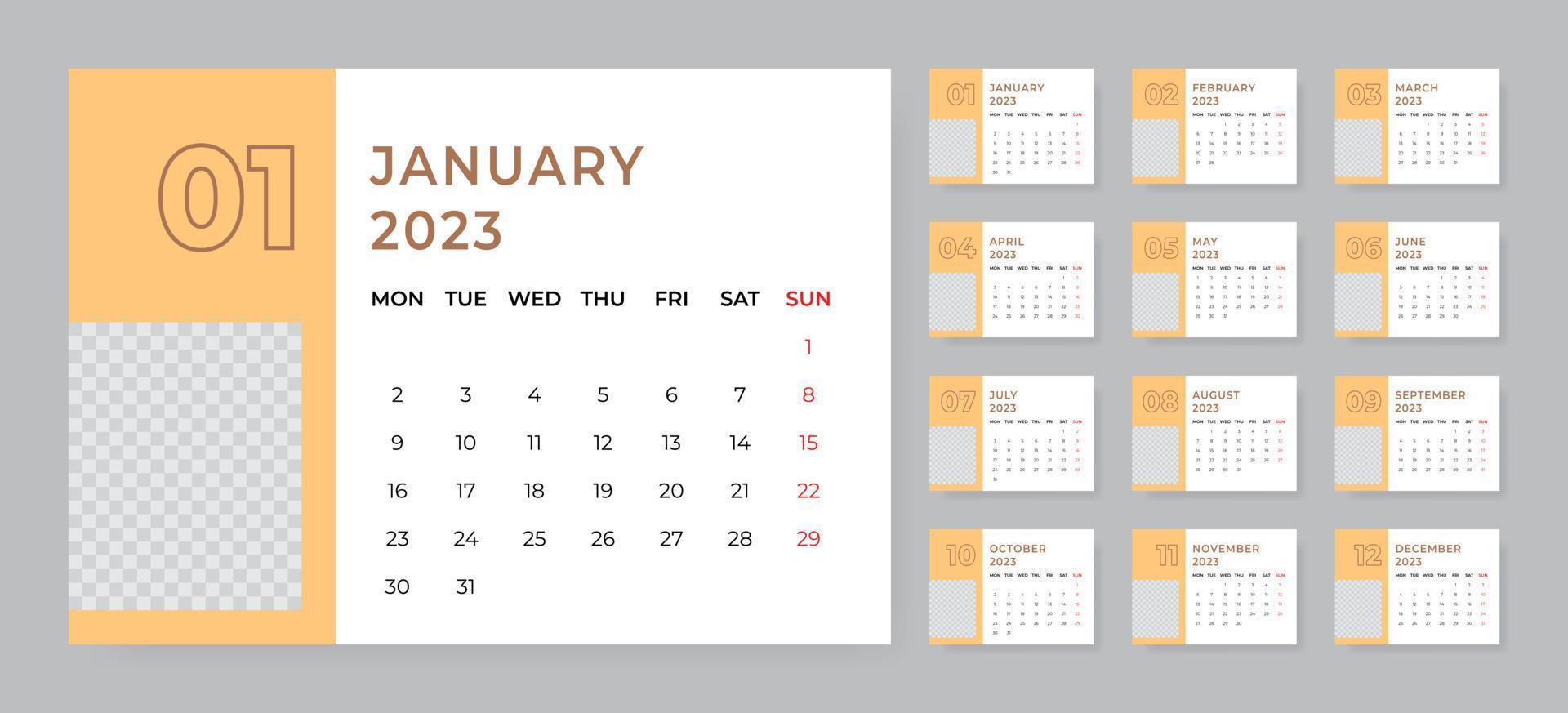 Monthly desk calendar template for 2023 year. Week starts on Monday vector