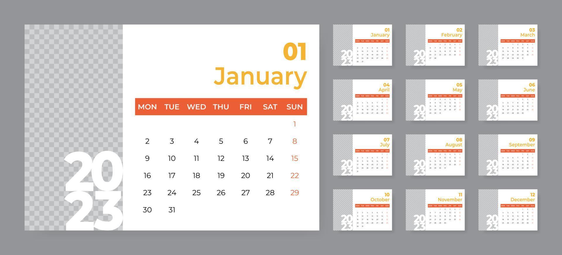 Monthly desk calendar template for 2023 year. Week starts on Monday vector