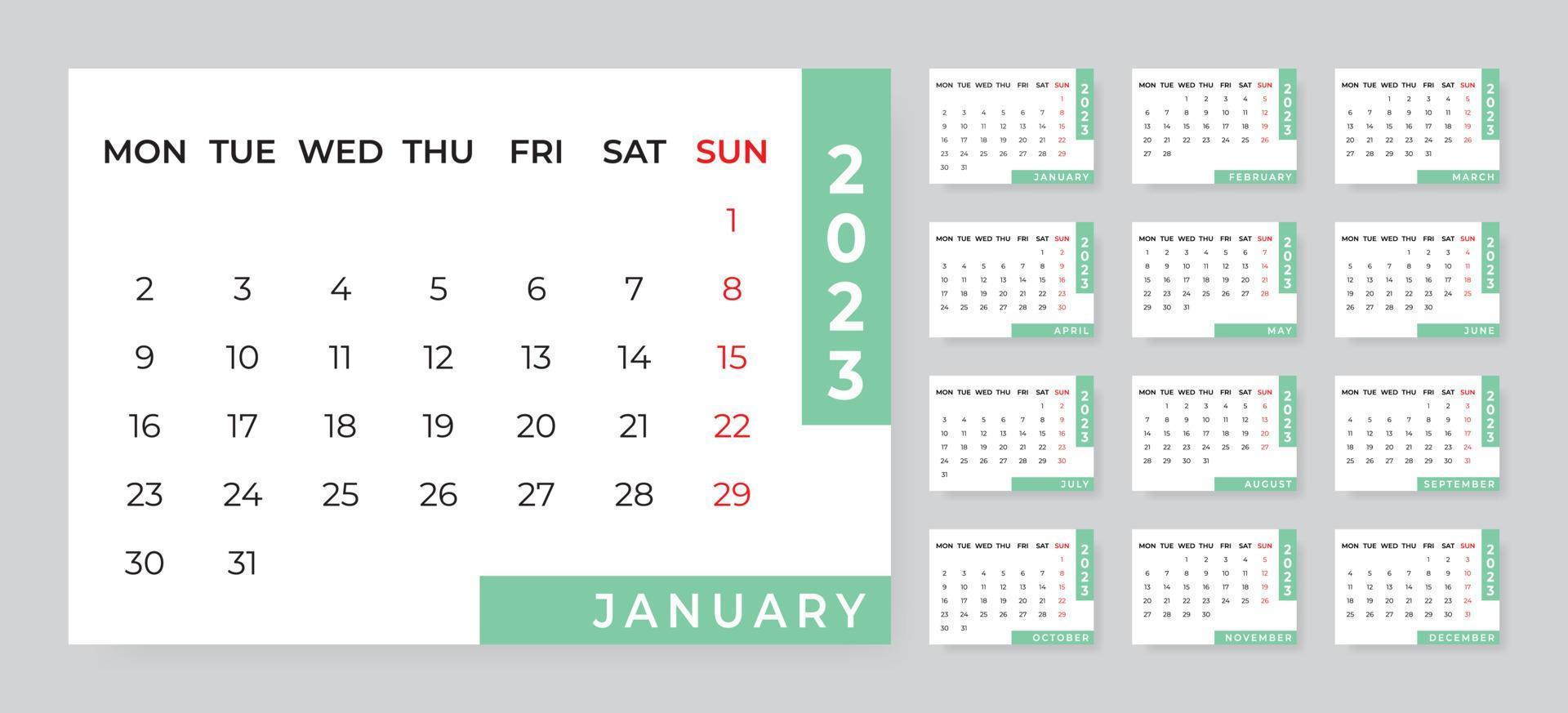 Monthly desk calendar template for 2023 year. Week starts on Monday vector