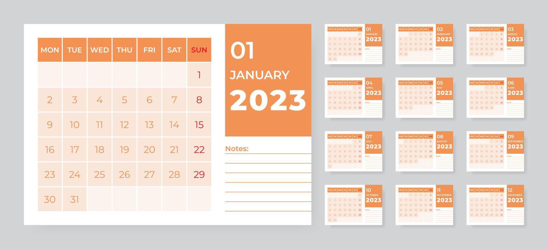 Monthly desk calendar template for 2023 year. Week starts on Monday vector