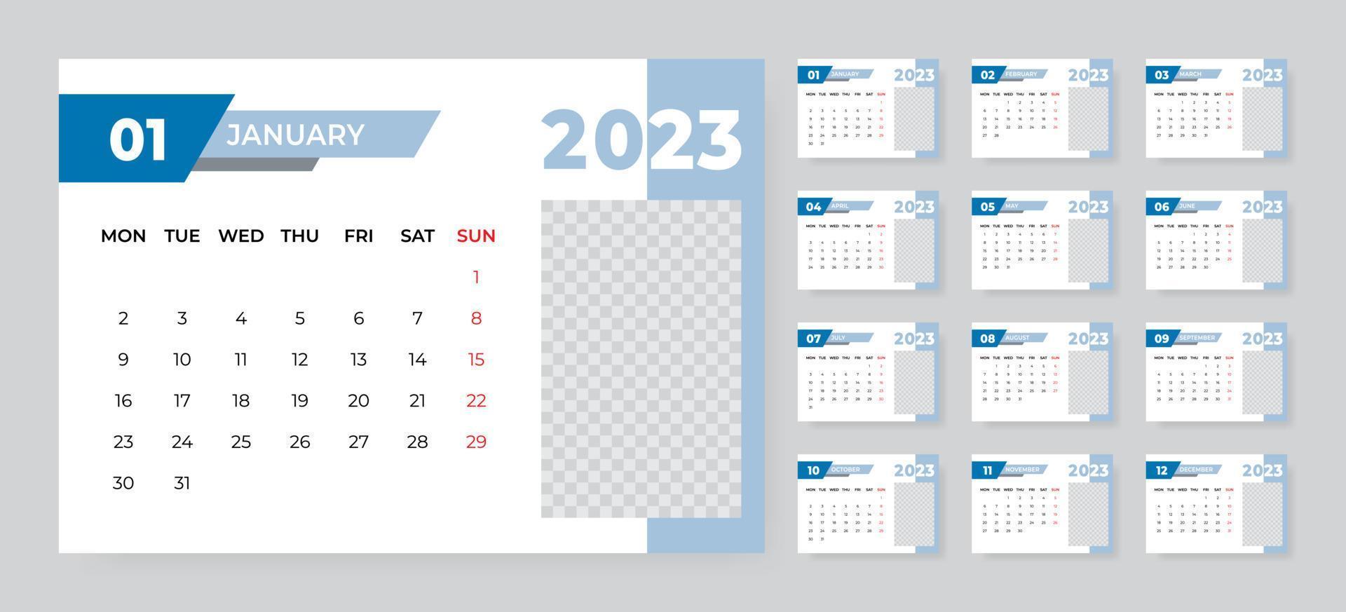 Monthly desk calendar template for 2023 year. Week starts on Monday vector