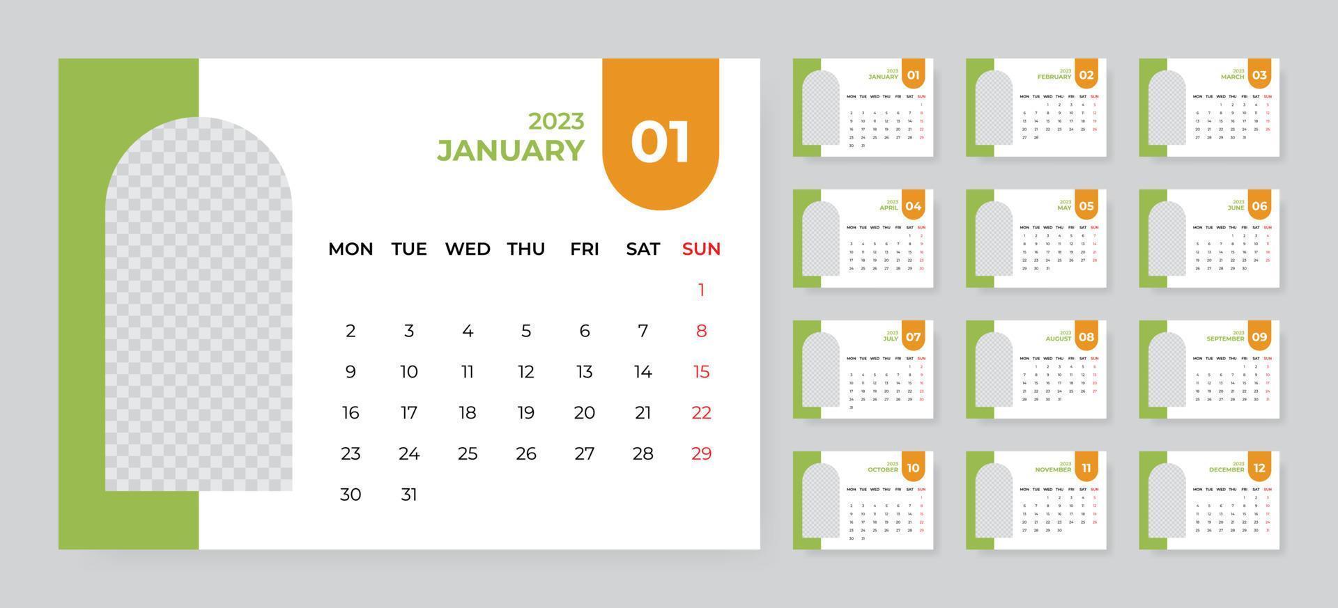 Monthly desk calendar template for 2023 year. Week starts on Monday vector