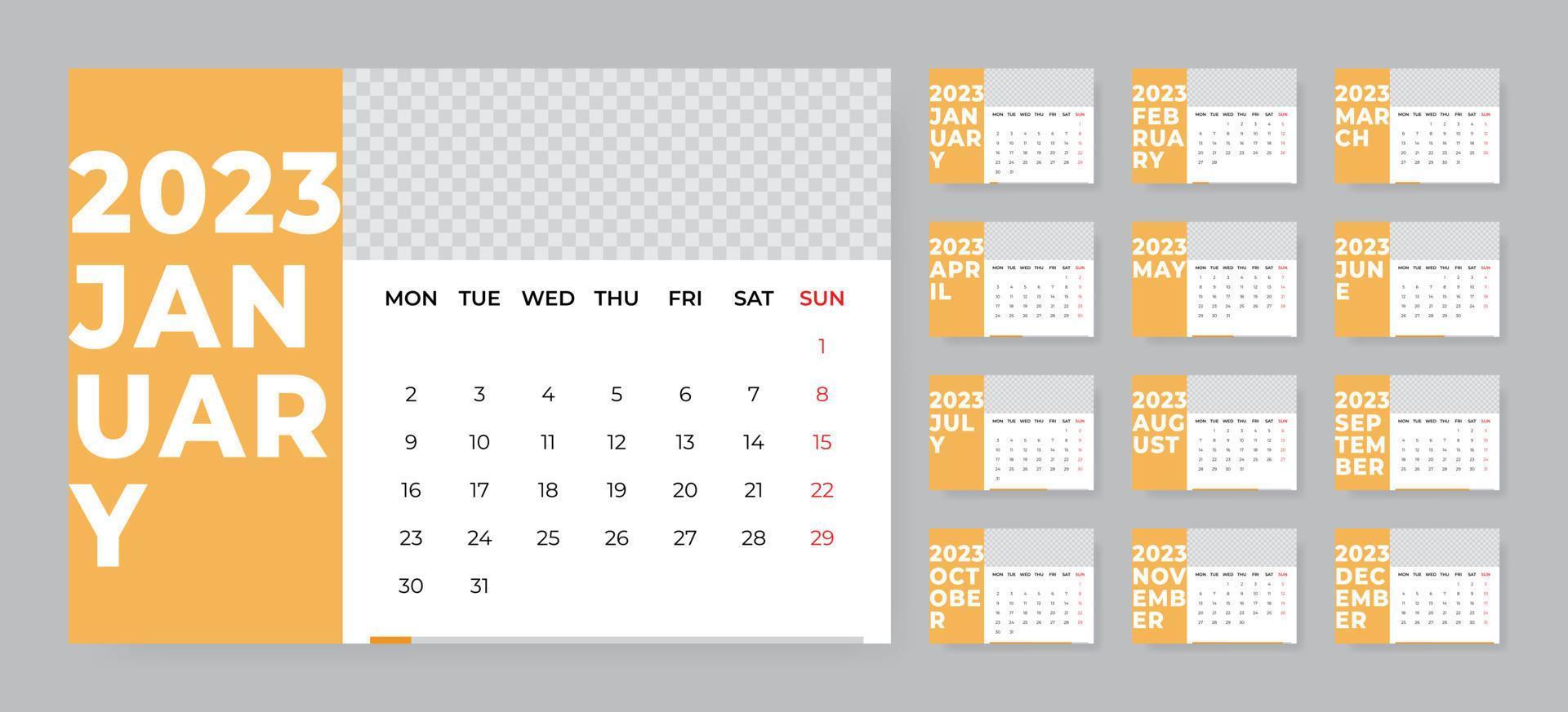 Monthly desk calendar template for 2023 year. Week starts on Monday vector