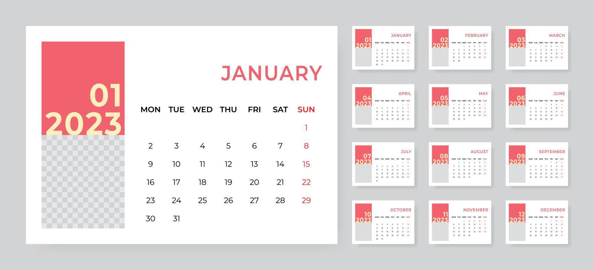 Monthly desk calendar template for 2023 year. Week starts on Monday vector