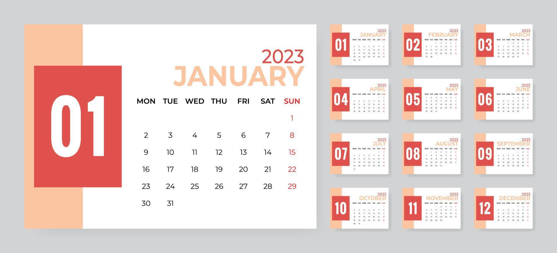 Monthly desk calendar template for 2023 year. Week starts on Monday vector