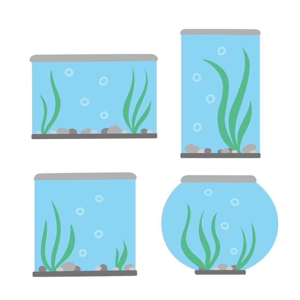 Aquariums with algae and stones, set. Illustration for backgrounds, covers and packaging. Image can be used for greeting cards, posters, stickers and textile. Isolated on white background. vector