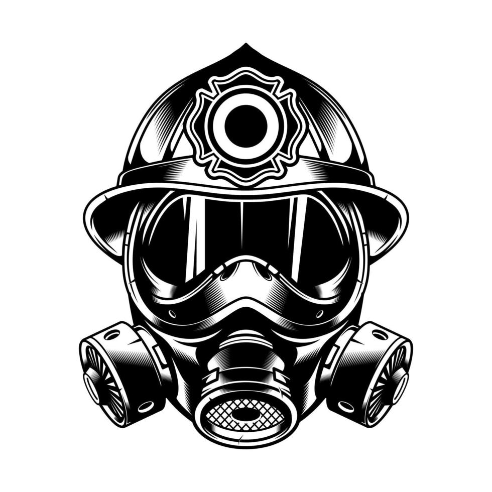 firefighter head logo helmet black and white illustration background vector