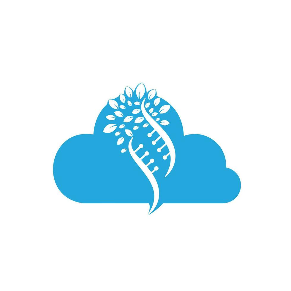árbol de adn y diseño de logotipo vectorial en forma de nube. ADN genético y icono de la nube. ADN con diseño de logotipo vectorial de hojas verdes. vector