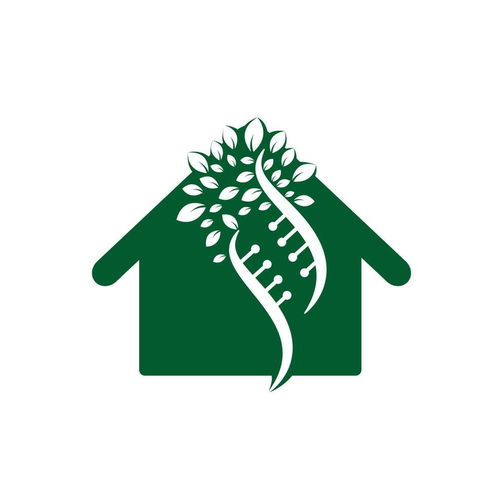 diseño de logotipo vectorial de forma de árbol y casa de adn. ADN genético y icono de la casa. ADN con diseño de logotipo vectorial de hojas verdes. vector