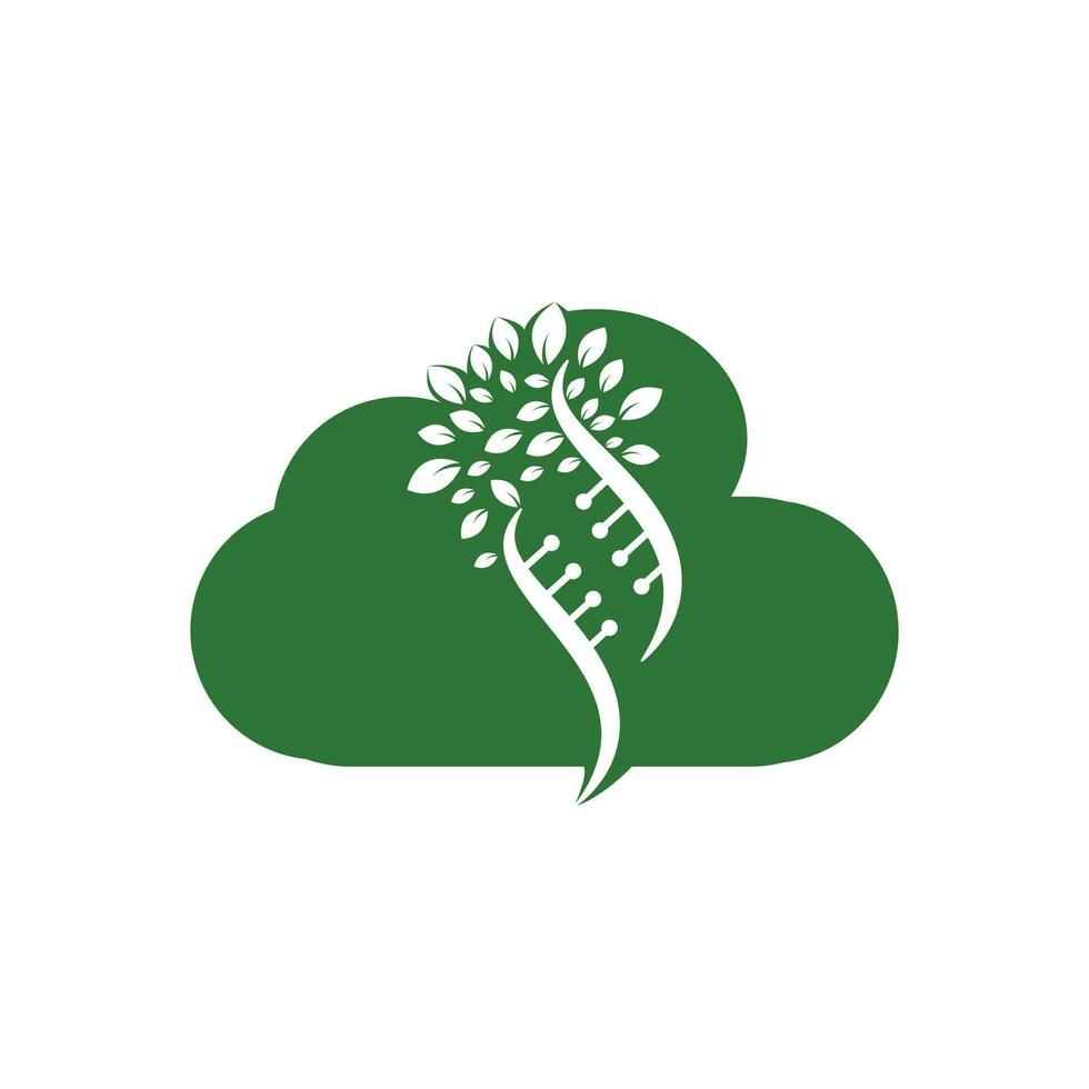 árbol de adn y diseño de logotipo vectorial en forma de nube. ADN genético y icono de la nube. ADN con diseño de logotipo vectorial de hojas verdes. vector
