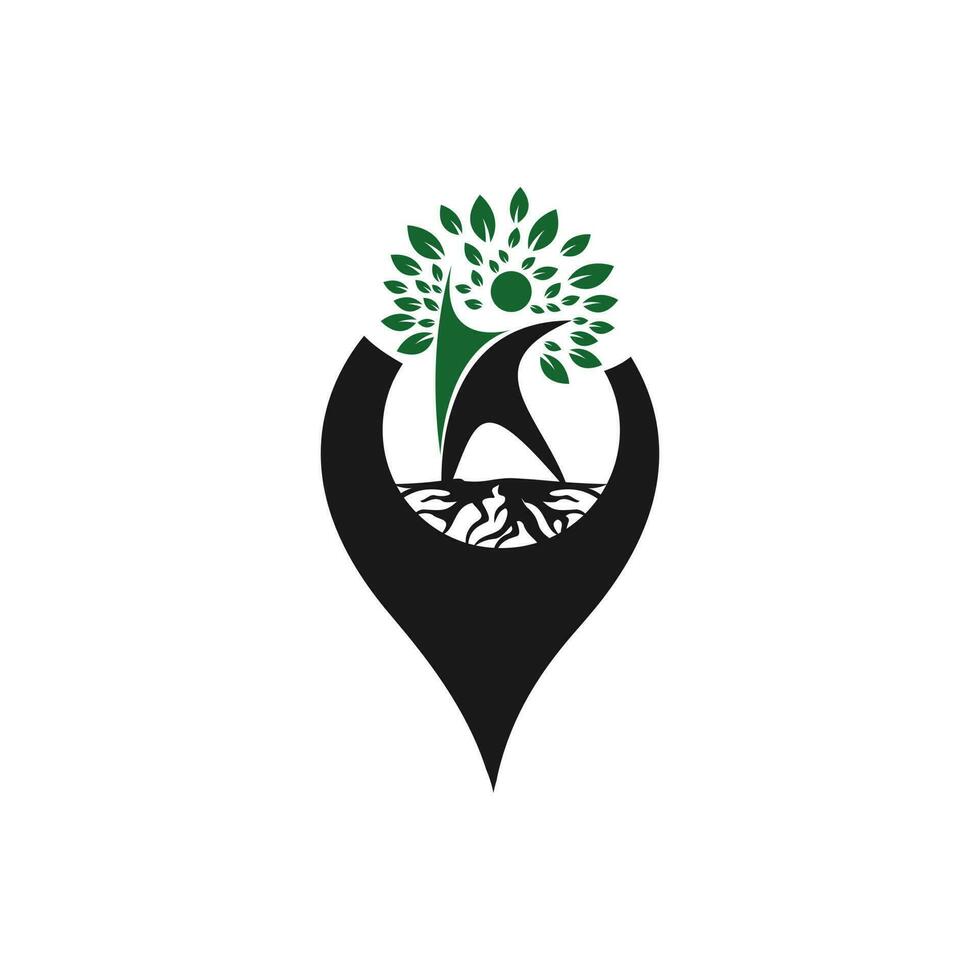 raíces de árboles humanos y diseño del logotipo del icono gps. árbol humano y diseño del logotipo del icono del símbolo gps. vector
