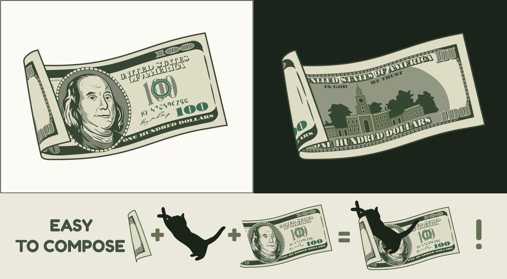 Wavy folded american 100 dollar banknote with front and reverse side. Falling, flying banknote. Cash money. Divided into two parts to design easy. Detailed vector illustration