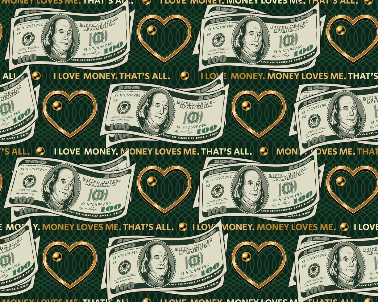 Seamless pattern with horizontal aligned 100 dollar wavy bent banknotes, gold heart shaped frame, texture with wavy lines behind, text. Detailed vector illustraton.