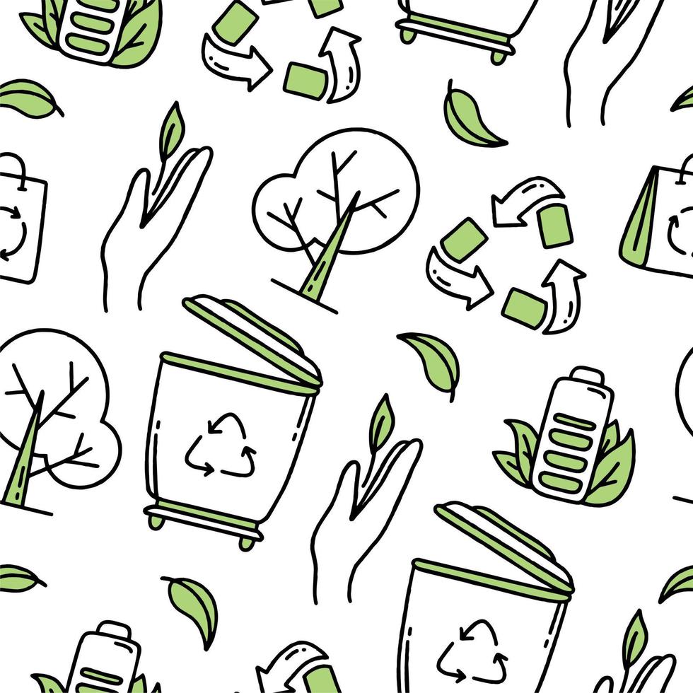 Seamless pattern. Recycling. Separation of garbage. Co2 concept of climate change. Vector isolated doodle