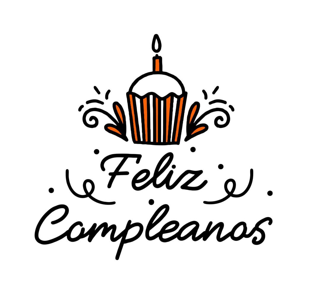 Happy birthday in Spain.  Lettering in Spanish with cake and curlicues. Vector illustration