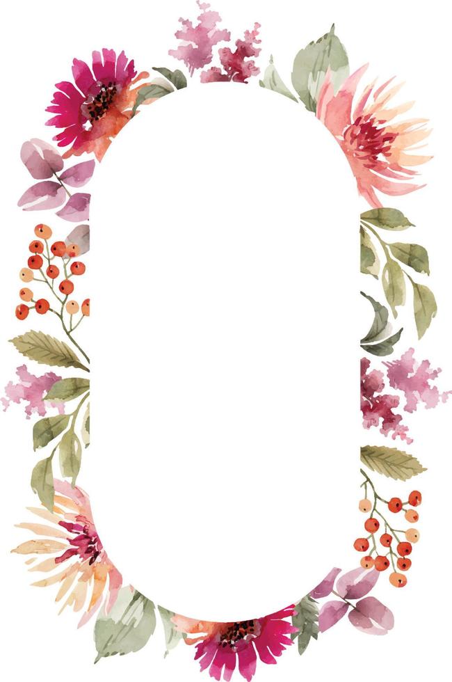 hand painted oval frame with pink watercolor flowers. vector