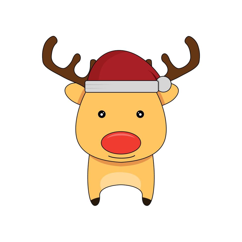 Cute christmas reindeer in flat style. Illustration of a Christmas reindeer wearing a Santa Claus hat on a white background. vector