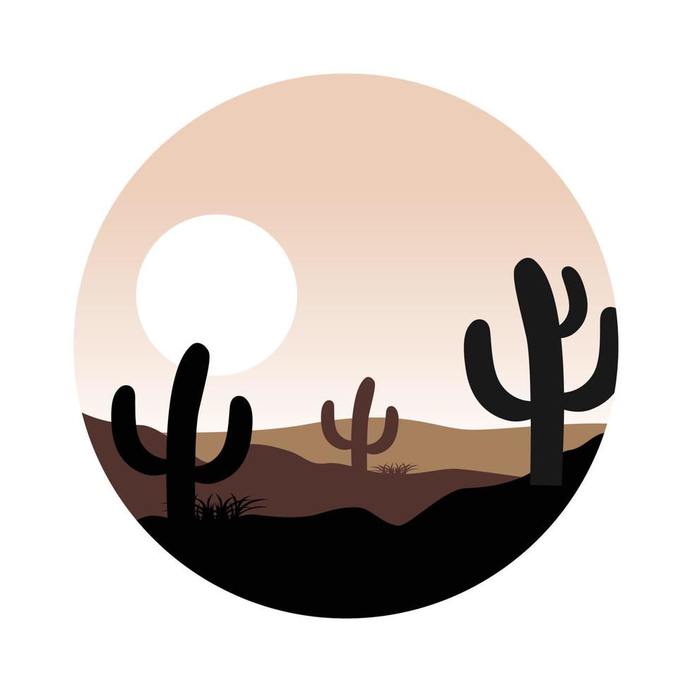 Vector illustration of sunset desert landscape. Wild Western Texas desert sunset with cactus in flat cartoon style.