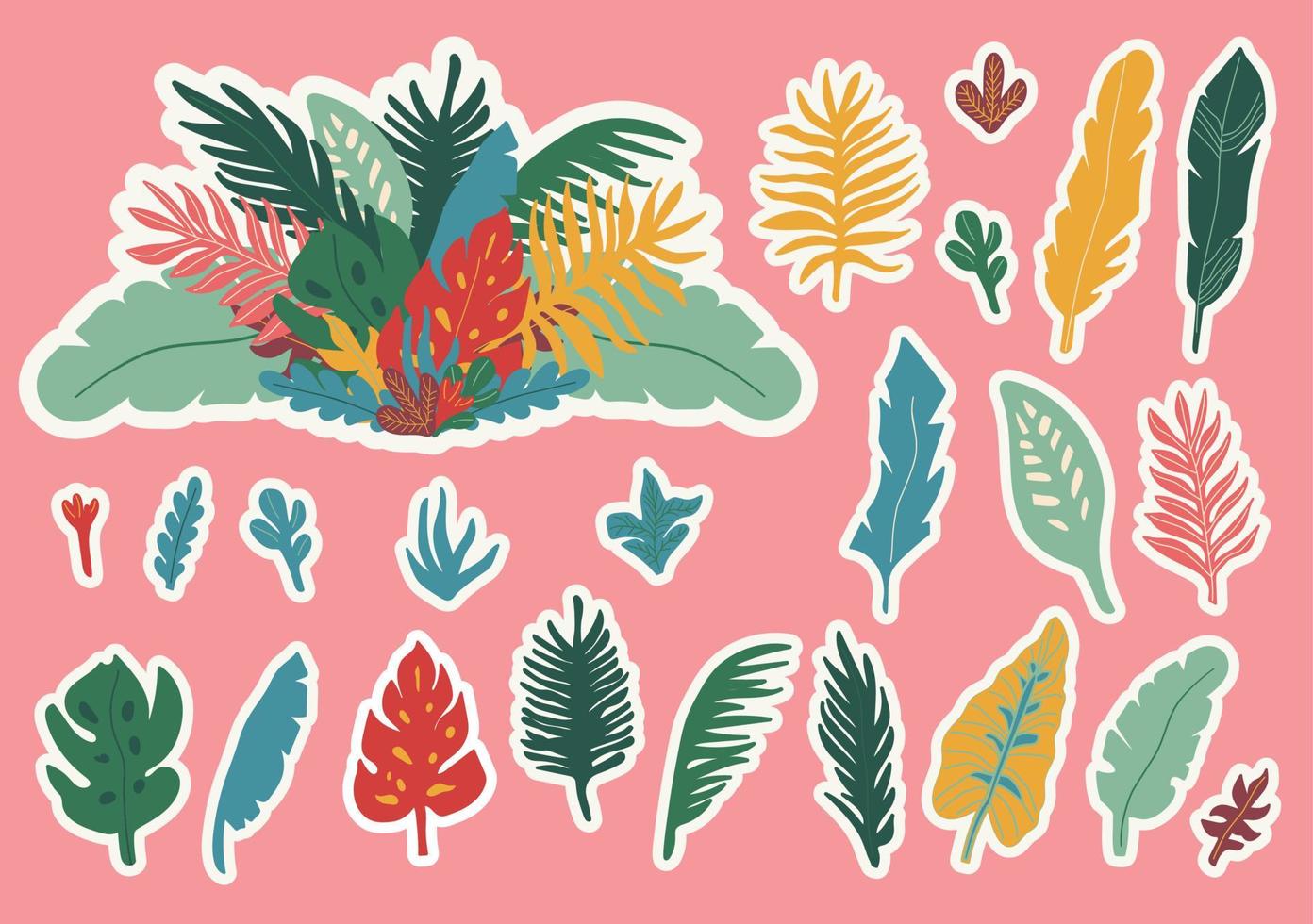 Colorful organic shape leaves stickers collection. Funny basic shapes, random childish doodle cutouts of tropical leaf, hand and decorative abstract art on isolated background. Ready for use. vector