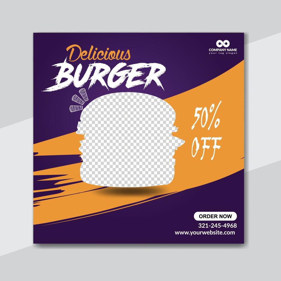 Delicious burger and food menu social media banner template design vector