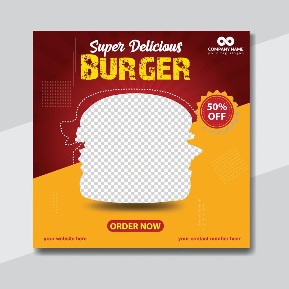 Delicious burger and food menu social media banner template design vector