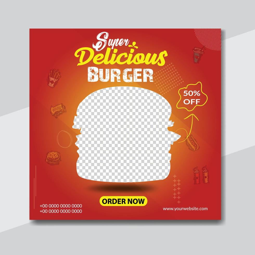 deliciosa hamburguesa y menú de comida diseño de plantilla de banner de redes sociales vector