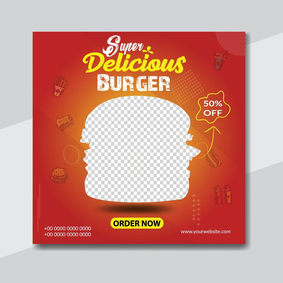 Delicious burger and food menu social media banner template design vector