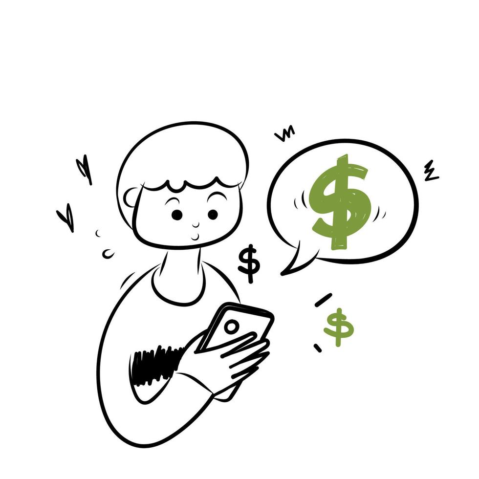 hand drawing doodle mobile phone with money symbol illustration vector