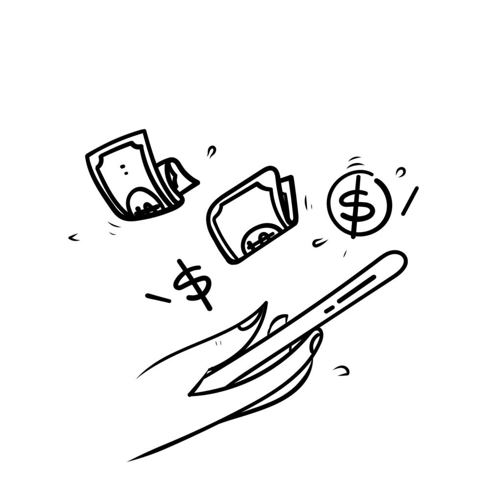 hand drawing doodle mobile phone with money symbol illustration vector