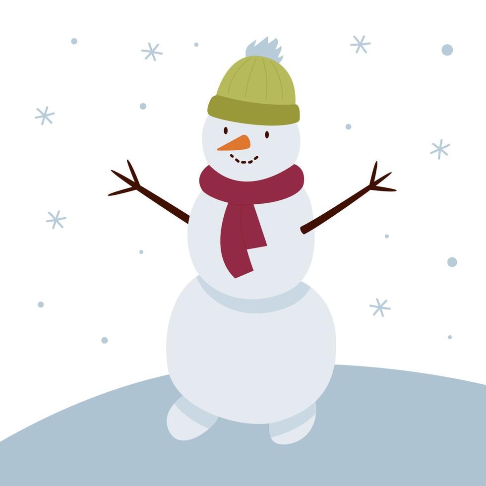 Snowman with a green hat and red scarf on a white background with snowflakes. vector