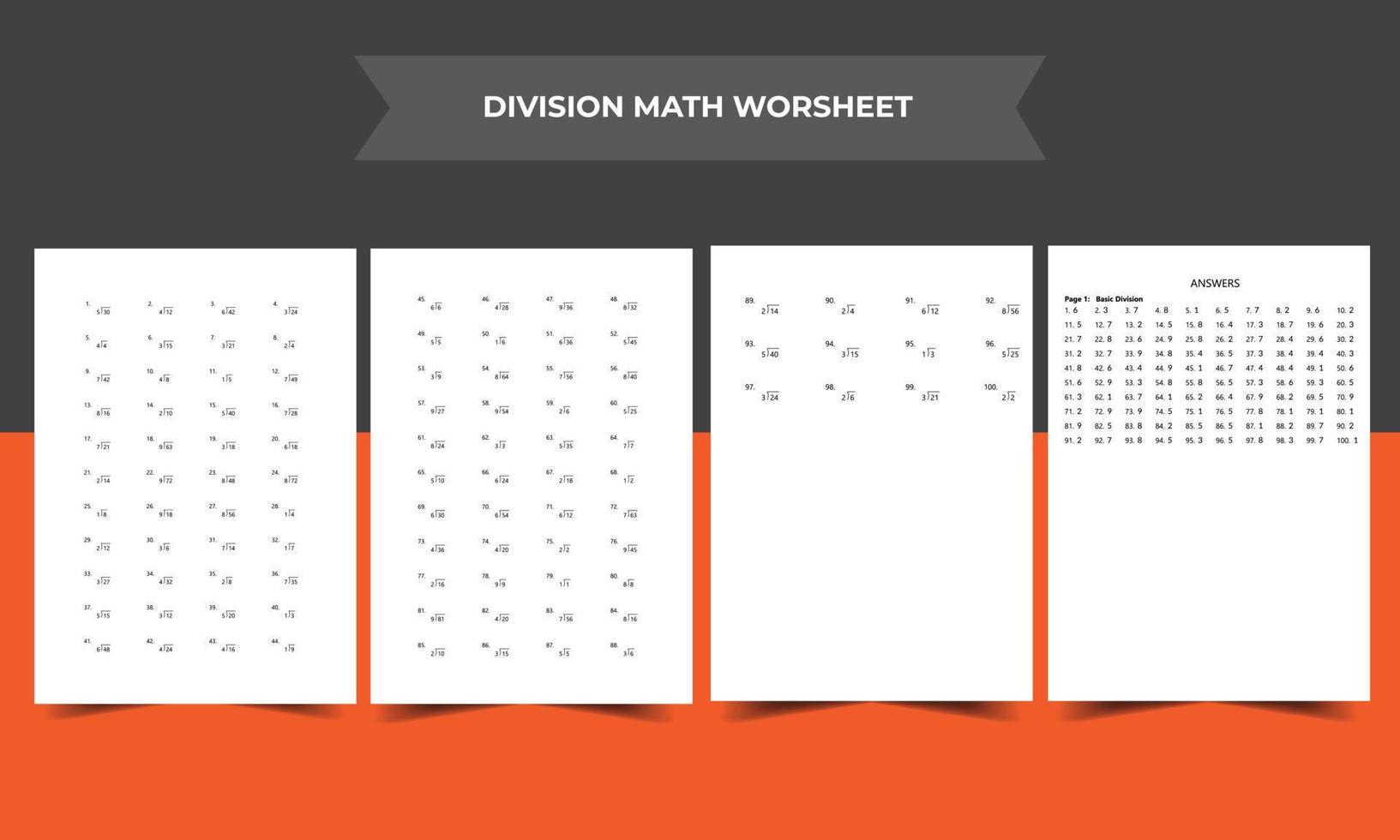 Math Worksheet Interior - 100 Basic Single-Digit Division Questions worksheet with Answer key - V05 vector