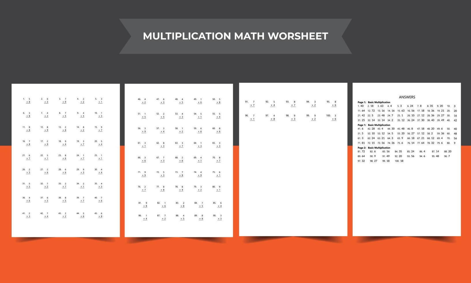 Math Worksheet Interior - 100 Basic Single-Digit Multiplication Questions worksheet with Answer key - V04 vector