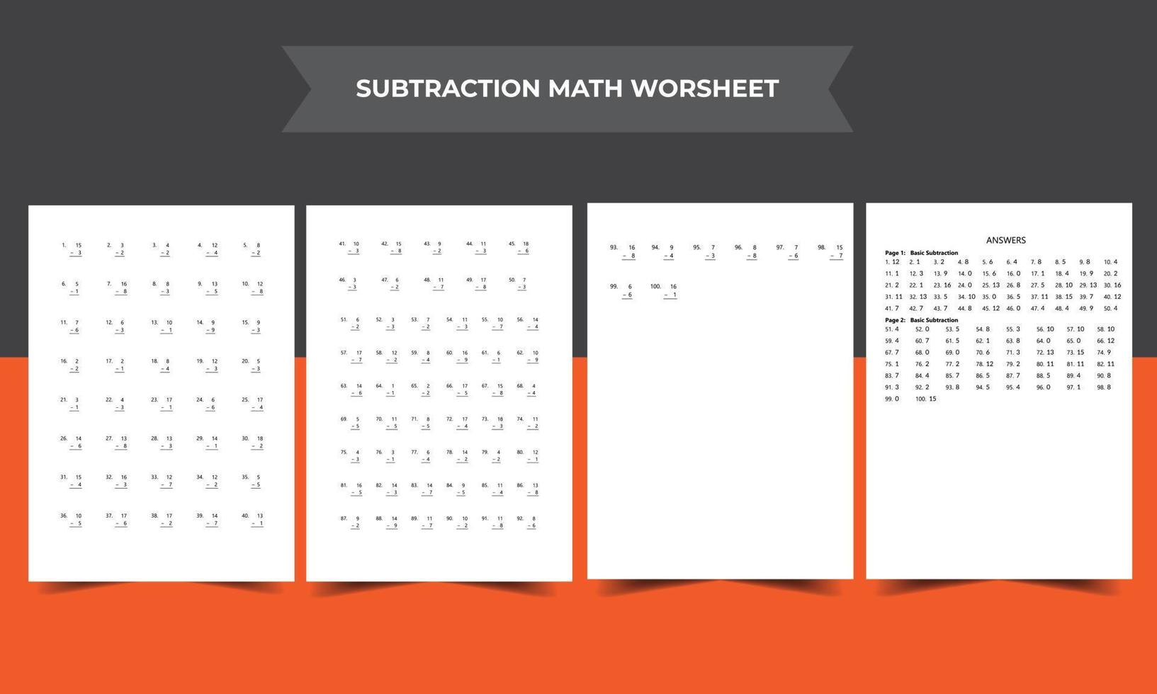 Math Worksheet Interior - 100 Basic Single-Digit Subtraction Questions worksheet with Answer key - V03 vector