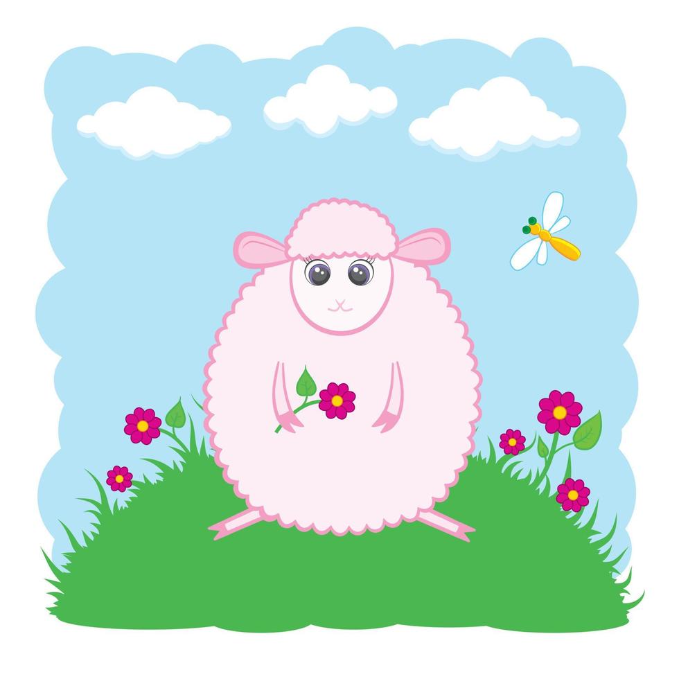 Cute lamb on a meadow with a flower. vector