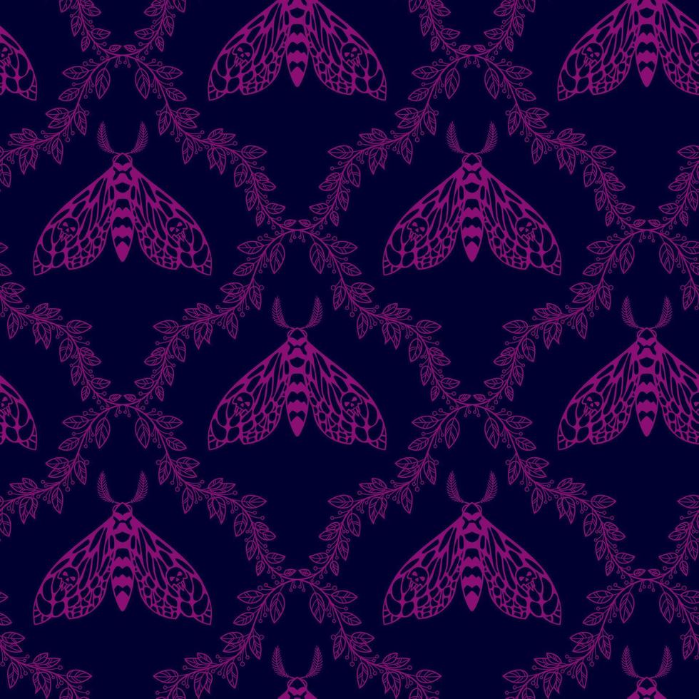 Pattern with a night butterfly and leaves. vector