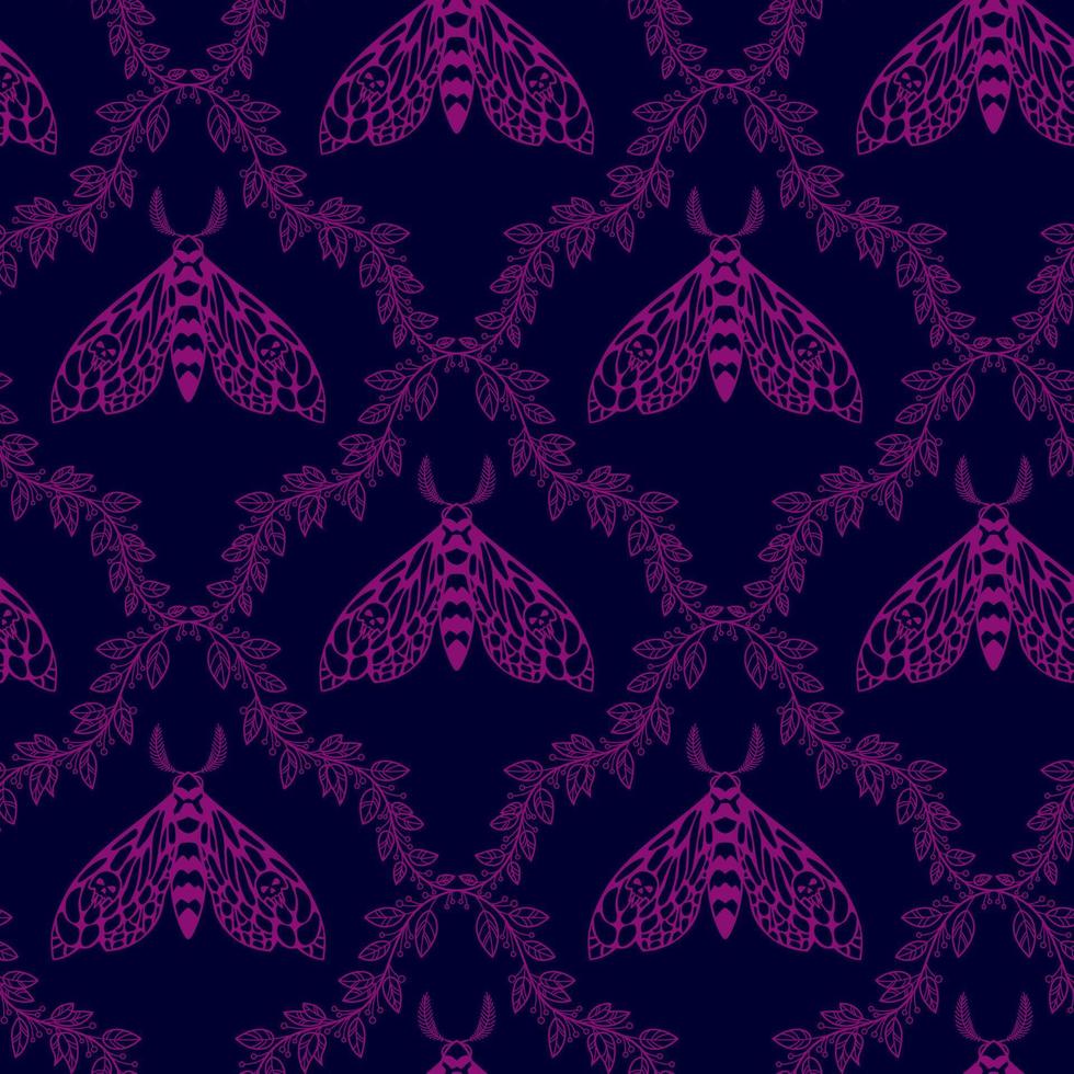 Pattern with a night butterfly and leaves. vector