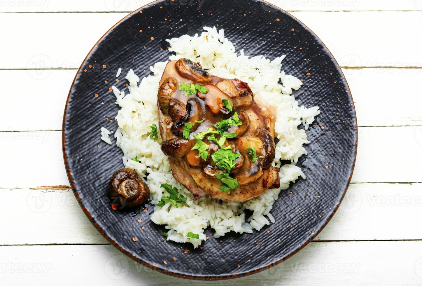 Meat with marsala sauce and white rice 13375430 Stock Photo at Vecteezy